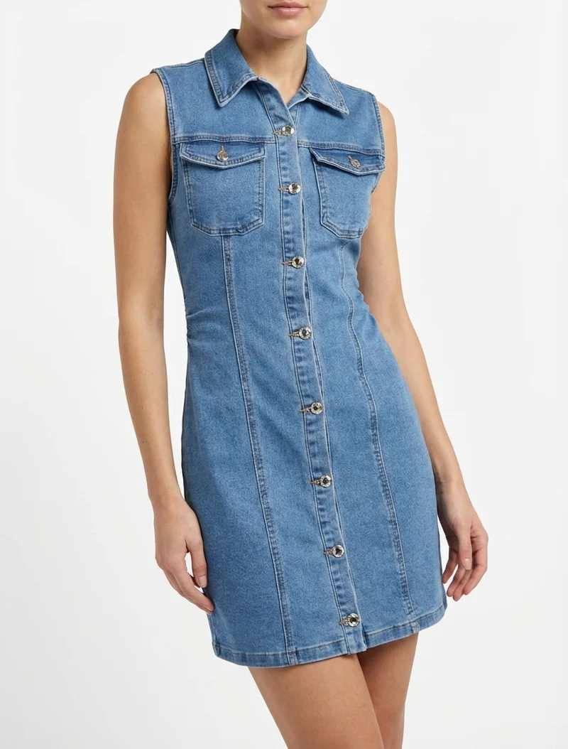Robe en jean ajustée sans manches - Bleu