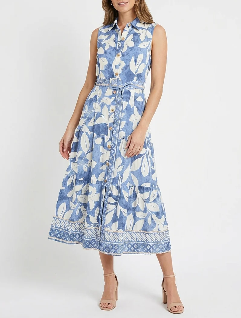 Robe chemise imprimé fleurs tropicales - Bleu clair