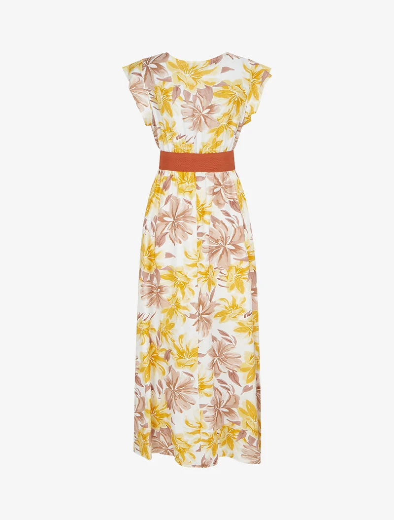 Robe longue imprimé fleuri à manches courtes - Jaune
