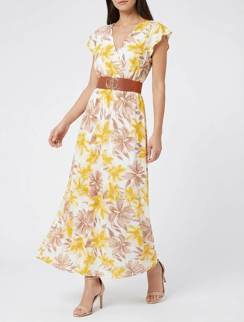 Robe longue imprimé fleuri à manches courtes - Jaune