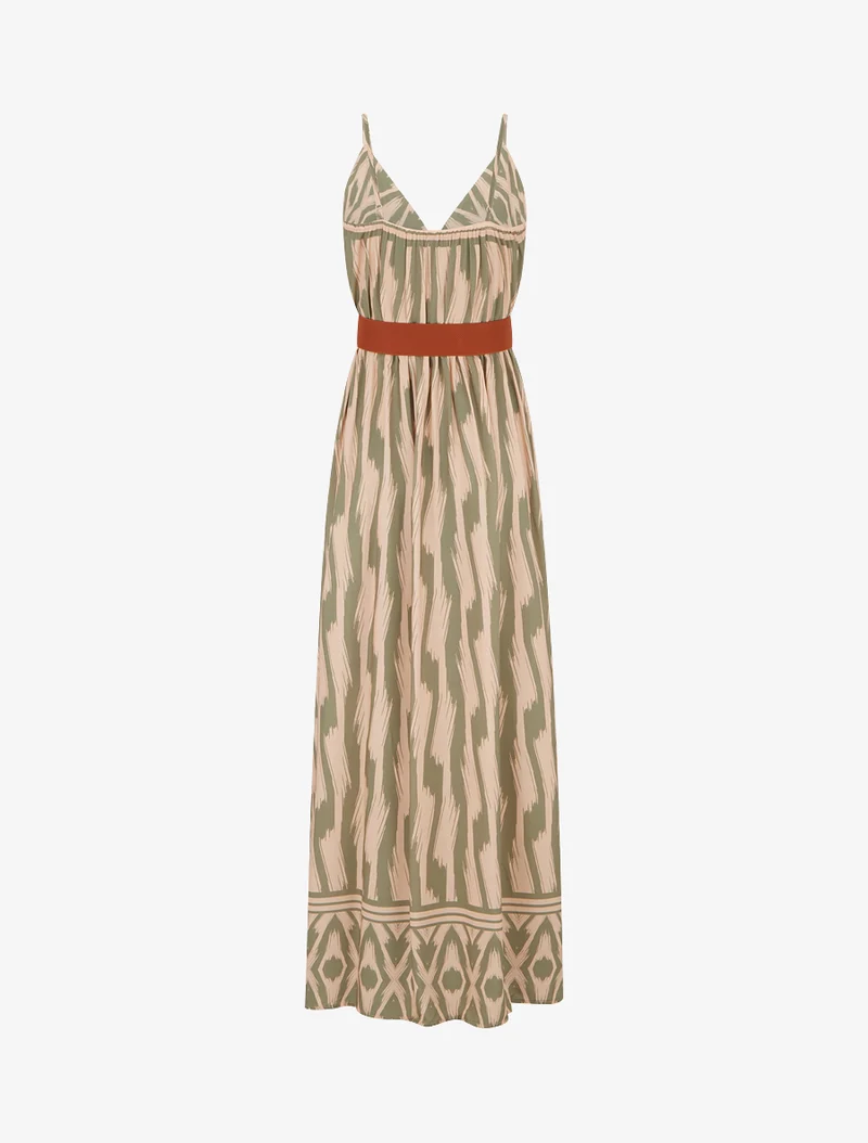 Robe taille élastiquée et imprimé fantaisie - Kaki