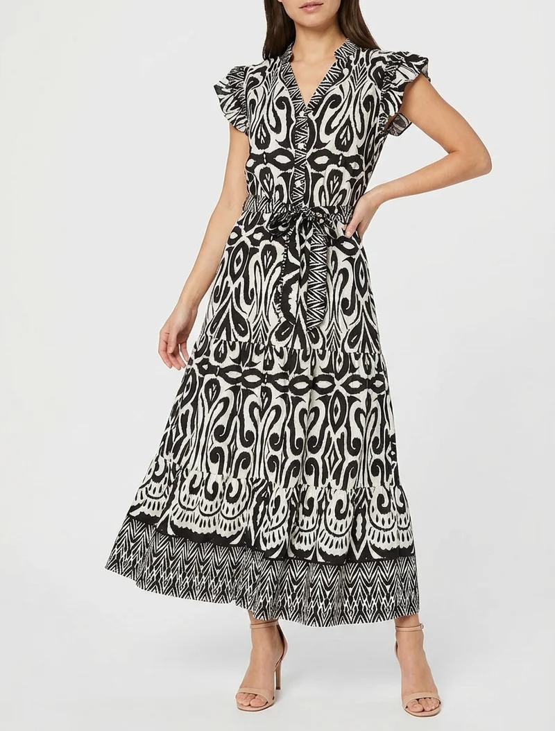 Robe longue graphique coupe évasée - Noir