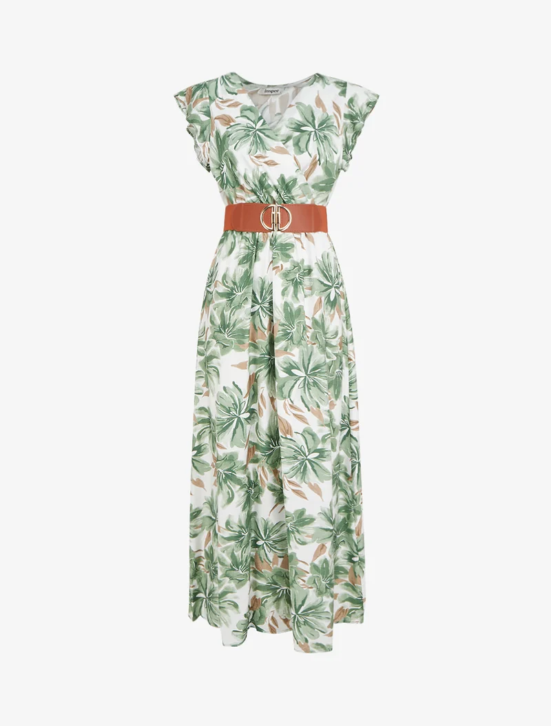 Robe longue imprimé fleuri à manches courtes - Vert