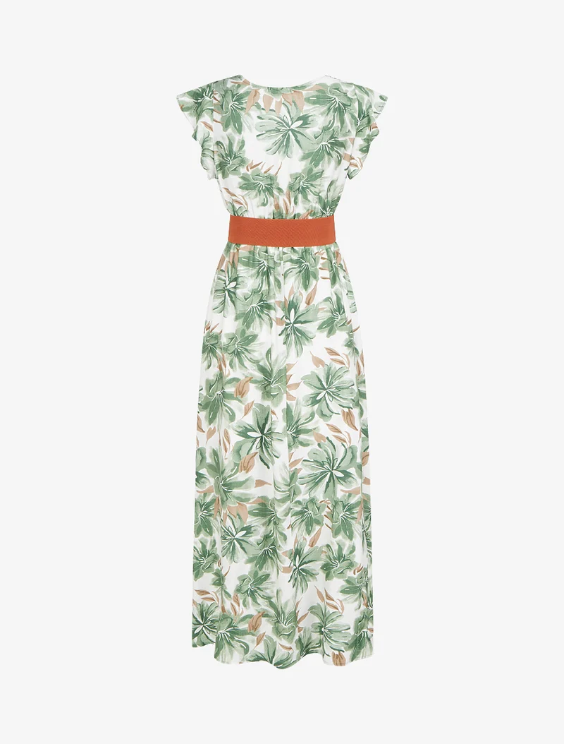 Robe longue imprimé fleuri à manches courtes - Vert