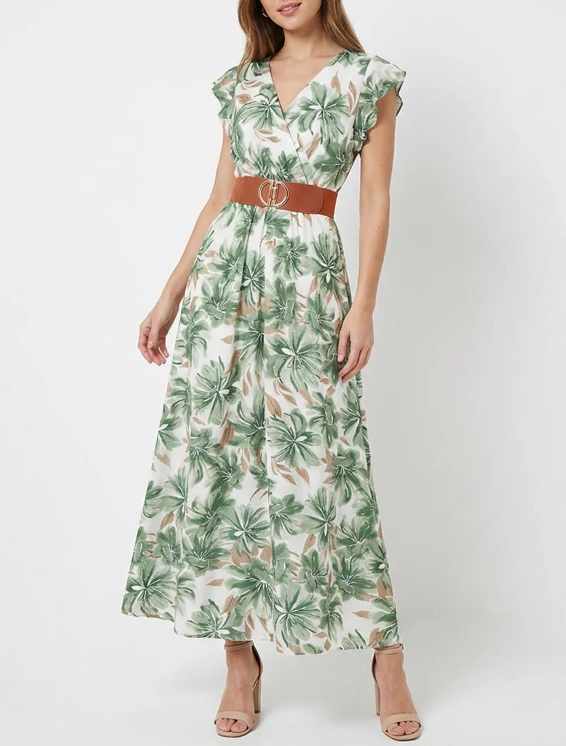 Robe longue imprimé fleuri à manches courtes - Vert