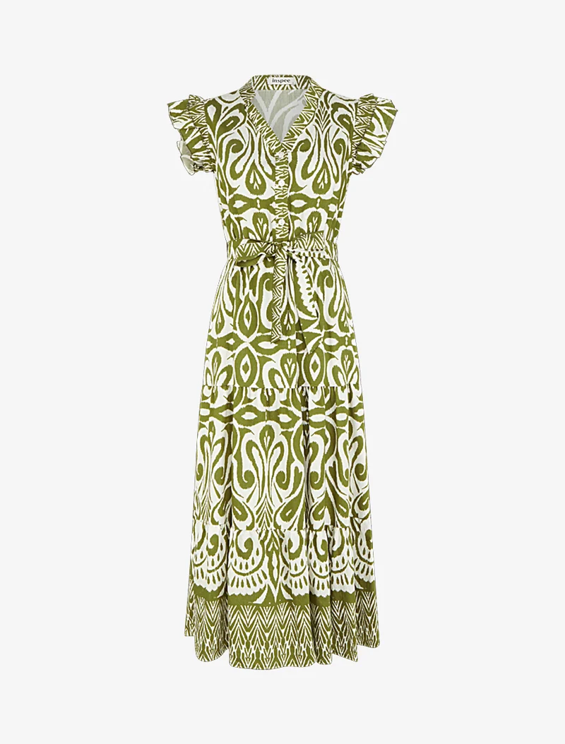 Robe longue graphique coupe évasée - Kaki