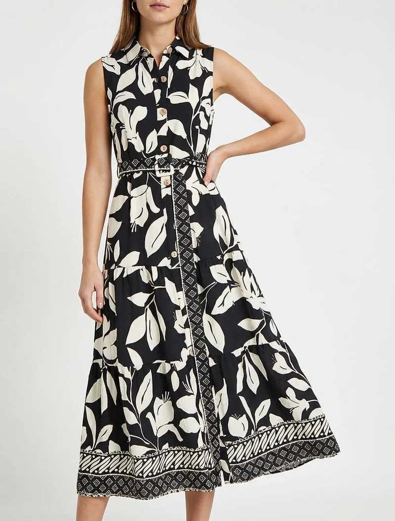 Robe chemise imprimé fleurs tropicales - Noir