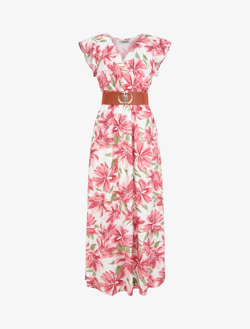 Robe longue imprimé fleuri à manches courtes - Rose