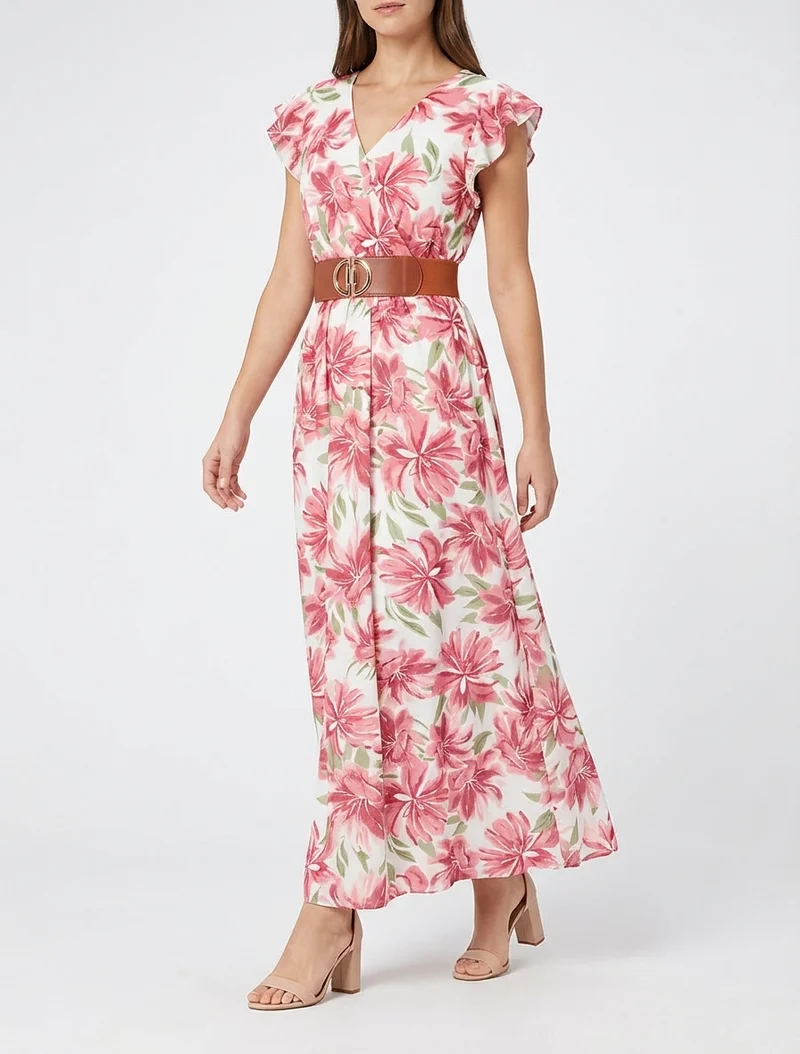 Robe longue imprimé fleuri à manches courtes - Rose