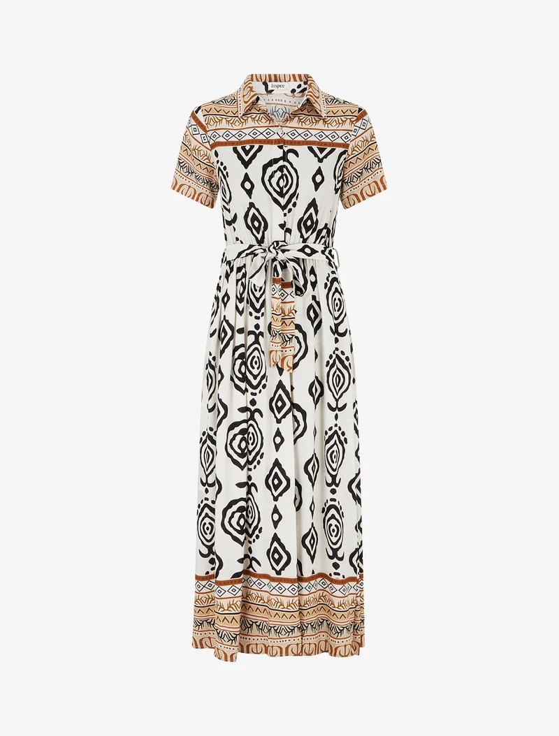Robe longue évasée imprimé graphique - Blanc/marron
